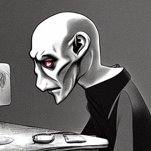 Prompt: nosferatu wearing looking at his monitor photorealistic great photograph