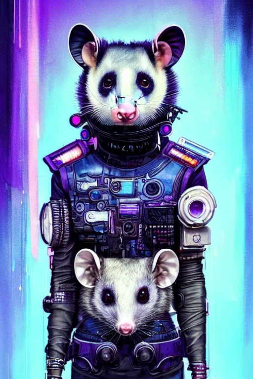 Image similar to a beautiful portrait of a cute cyberpunk opossum by sandra chevrier and greg rutkowski and wlop, purple blue color scheme, high key lighting, volumetric light, digital art, highly detailed, fine detail, intricate, ornate, complex, octane render, unreal engine, photorealistic