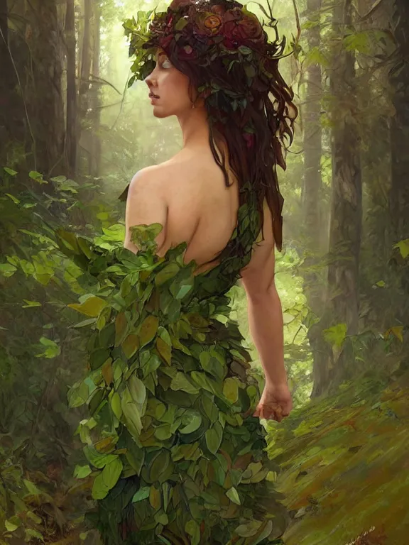 Prompt: portrait of a forest mage, female, buxom, dress made of green leaves, gorgeous, green hair, brown skin, curves, shapely derriere, forest background, digital painting, artgerm and greg rutkowski and alphonse mucha