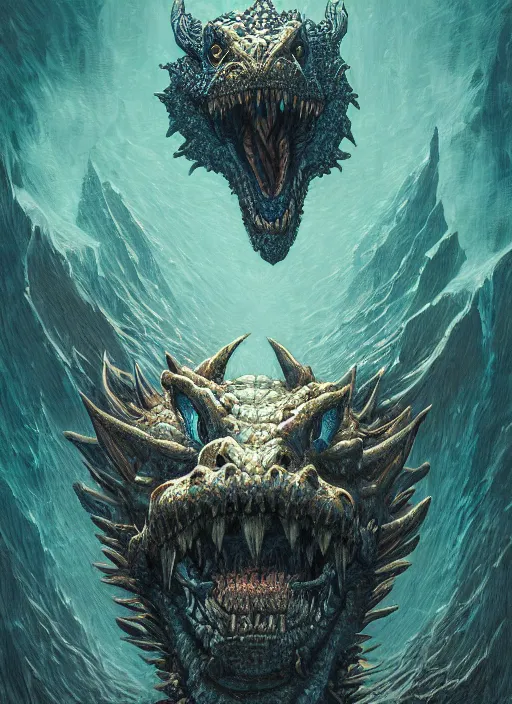 Prompt: a photographic portrait of a dragon by gustave dore and raphael lacoste and dan mumford, trending on artstation, a leopard!! - like sea beast, a two - horned earth beast, natural earth tone colors, cerulean blue, cyan, red, octanerender, vray