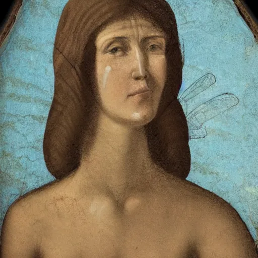 Prompt: fresco material portrait of a sad lady 2 7 years old, with wasp