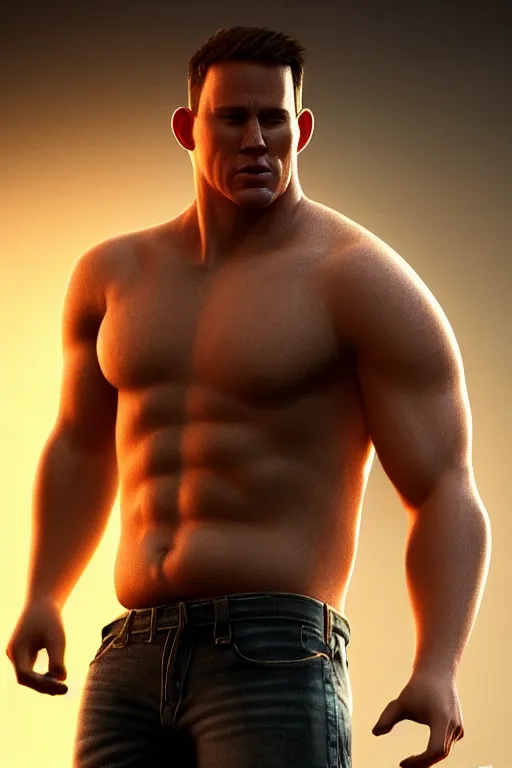 Image similar to a full body shot of channing tatum as half human and a tater tot, ef 8 5 mm f 1. 8 usm, bionic scifi alexandre ferra, hyper detailed, digital art, trending in artstation, cinematic lighting, studio quality, smooth render, unreal engine 5 rendered, octane rendered