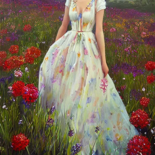 Prompt: a vogue model in a field of flowers, big flowing and draping dress. oil painting, pale colors, high detail, 8 k, wide angle, trending on artstation,