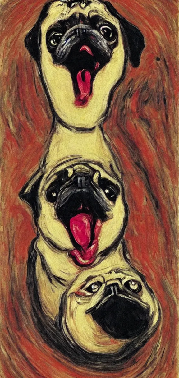 Image similar to a mouth-opened pug in shock , in the Style of The Scream , painted by Edvard Munch