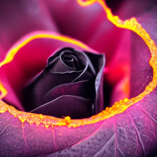 Image similar to award - winning macro of a beautiful black rose made of glowing molten magma