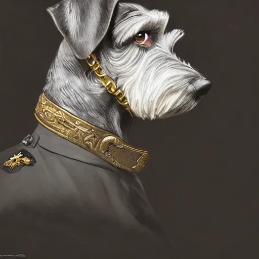 Image similar to portrait of stoic looking miniature schnauzer, military uniform, black fir, white eyebrows, fantasy, intricate, elegant, highly detailed, centered, dark, smokey, charcoal painting, digital painting, artstation, concept art, smooth, sharp focus, illustration, art by artgerm and greg rutkowski and alphonse mucha