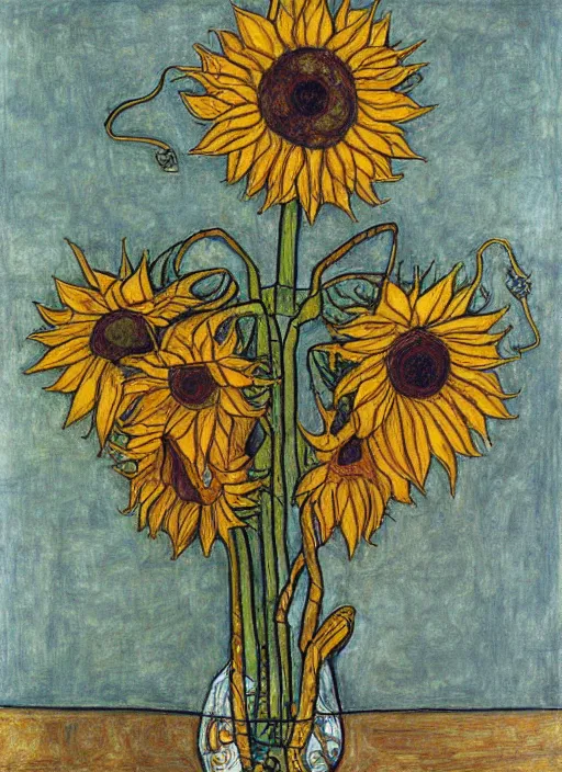 Image similar to an intricate drawing of a intertwined sunflowers by Egon Schiele and Piet Mondrian