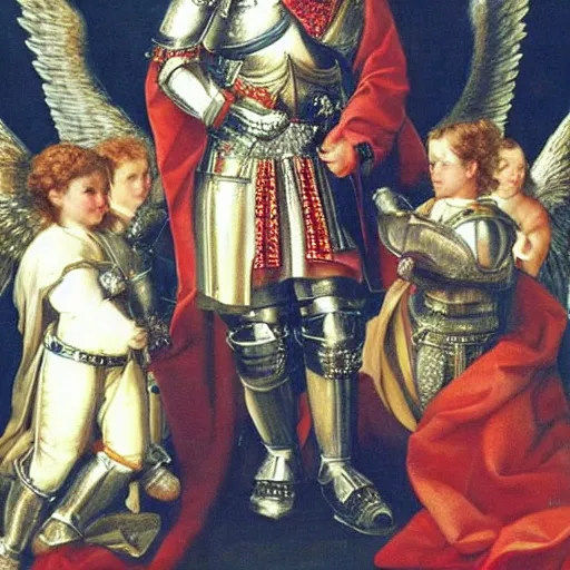 Prompt: prince william wearing knight's armor with heavenly angels surrounding him