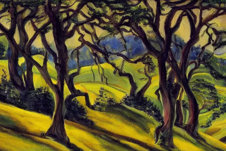 Prompt: masterpiece painting of oak trees on a hillside overlooking a creek, dramatic lighting, by emily carr