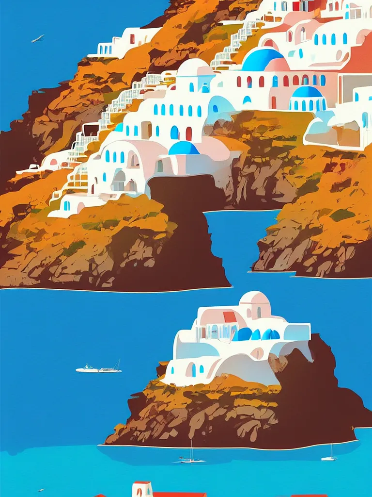 Image similar to a travel poster illustration depicting a house in santorini with an ocean view, vintage style, white architecture, digital painting, vector art, trending on artstration, by anton fadeev, by alena aenami