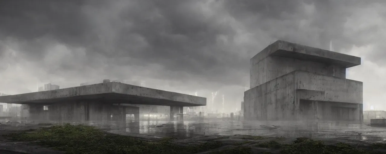 Image similar to brutalist architecture, metal, concrete, mist, rain, night, dramatic lighting, lightning bolt, trending on Artstation, 8k, highly realistic, hyper detailed, unreal engine 5, IMAX quality, realistic, cinematic, epic lighting, realistic, in the style of Greg Rutkowski