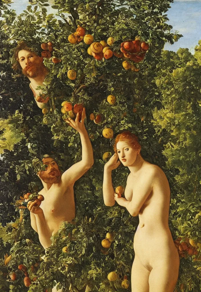 Image similar to men and women, portrait, garden with fruits on trees, ultra detailed, Orazio Gentileschi style, Lucien Lévy-Dhurmer style
