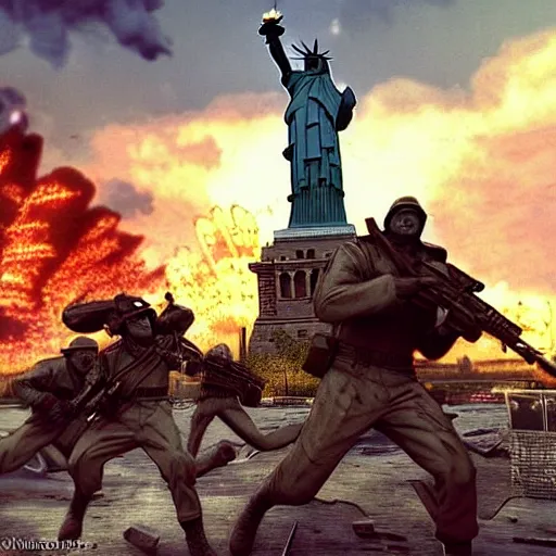 Image similar to The war between the Soviet Union and America, the action takes place in New York, far away against the background of the Statue of Liberty, a lot of soldiers and military equipment, a lot of explosions and tracer bullets, a lot of ruins, a very epic battle, The style of photography of the 80s, very detailed and detailed style
