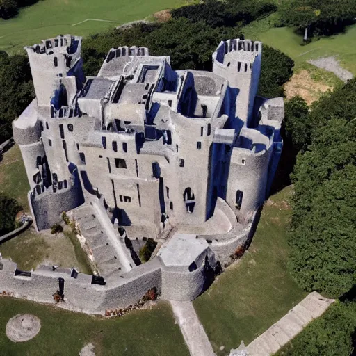 Image similar to aerial view of a punisher fortress from above on a hill by the ocean. castle shaped shaped exactly like the punisher symbol detailed