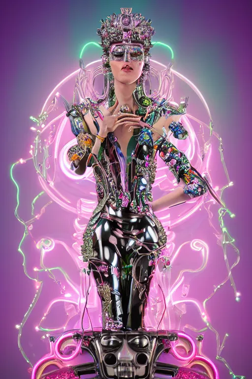 Prompt: full-body neon marble bladerunner and baroque style sculpture of a beautiful spanish princess wearing thick 3D glasses as a half android with a porcelain chest, electric sparks, crown of giant diamonds, sparkling laserbeams, pink and white neon tigers, baroque elements. full-length view. baroque element. intricate artwork by caravaggio. Trending on artstation, octane render, cinematic lighting from the right, hyper realism, octane render, 8k, depth of field, 3D
