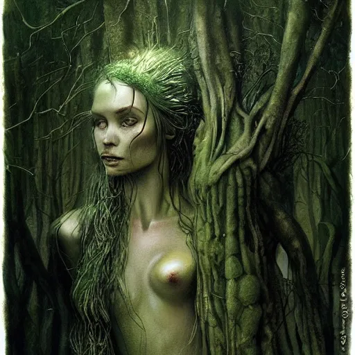 Image similar to portrait of a dryad inspired by hr giger, in a forest of fey autumn maples, her skin glistens with rainwater by greg rutkowski and brian froud dark mysterious, filtered evening light