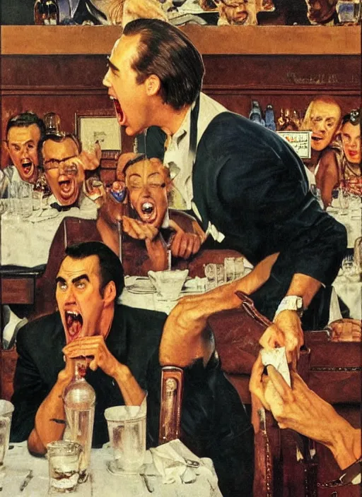 Image similar to full body and head portrait of nicholas cage screaming about crazy evil in a restaurant and being restrained by the manager, painted by norman rockwell and tom lovell and frank schoonover