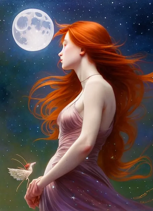 Image similar to beautiful redhead girl surrounded by starlight, eyes closed, moon behind her, holding a fairy in her hand, shiny, fantasy, int ricate, elegant, hyper detailed, ultra definition, photoreal, artstation, unreal engine rendered, concept art, smooth, sharp focus, illustration, art by artgerm and greg rutkowski and alphonse mucha and garis edelweiss