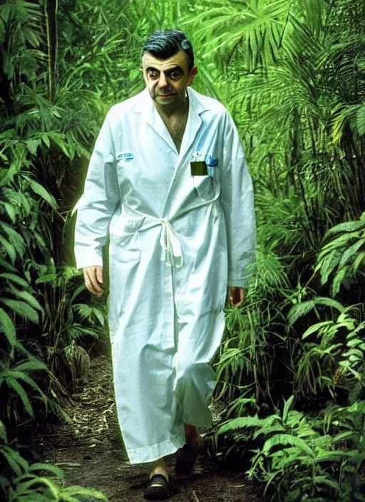 Prompt: award - winning national geographic telephoto photograph of rowan atkinson wandering through the jungle in a hospital gown. rowan appears visibly confused and lost