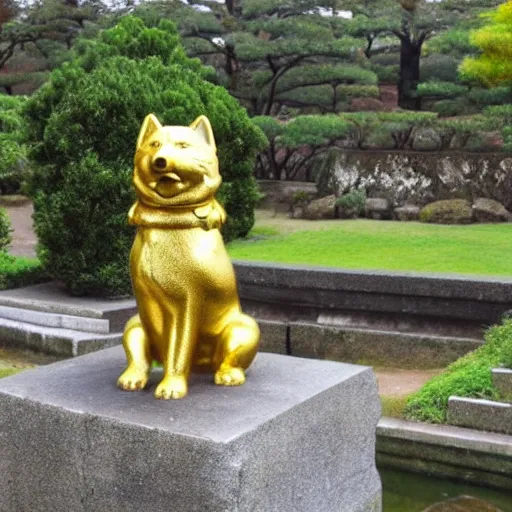 Prompt: A golden statue of an akita ken, shiny, flowers, royal, temple, holy