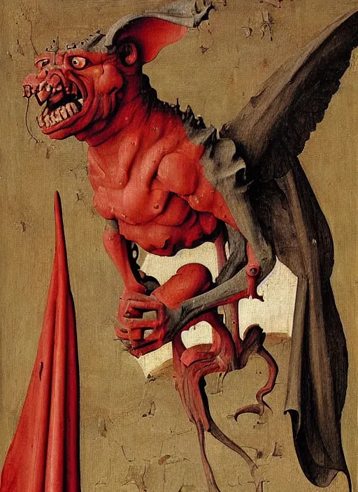 Image similar to red devil Gargoyle, Medieval painting by Jan van Eyck, Hieronymus Bosch, Florence