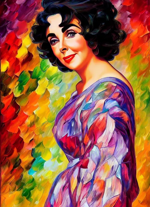 Image similar to elizabeth taylor, wearing mid - century clothes,, half body shot, path traced, highly detailed, high quality, digital painting, alena aenami, leonid afremov, lilia alvarado, shinji aramaki, karol bak, alphonse mucha, tom bagshaw