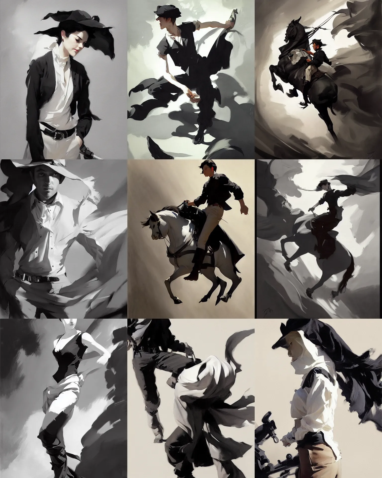 Prompt: black and white cloth fabric jodhpurs greg manchess painting by sargent and leyendecker, studio ghibli, fantasy, medium shot, asymmetrical, intricate, elegant, matte painting, illustration, hearthstone, by greg rutkowski, by greg tocchini, by james gilleard, by joe fenton