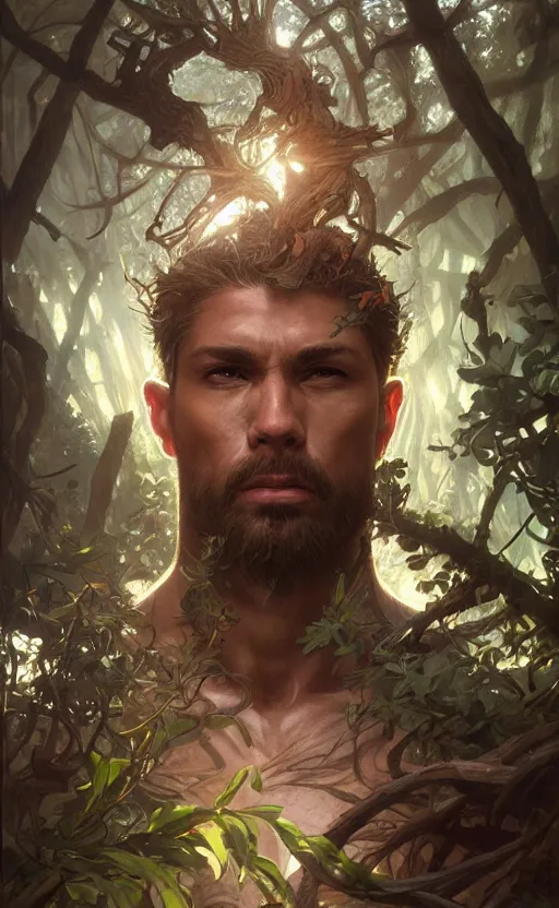 Prompt: Furious god of the forest, male, gorgeous, detailed face, clear face, amazing, muscular, intricate, highly detailed, digital painting, artstation, concept art, sharp focus, illustration, art by greg rutkowski and alphonse mucha