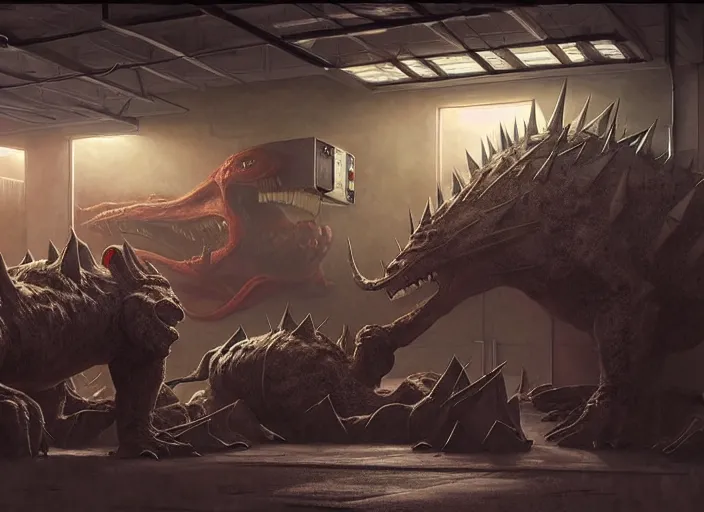 Prompt: scene inside a gas station with harsh industrial lighting, giant monstrous aggressive spiked creature screaming at the camera, epic science fiction horror digital matte painting by Moebius and Mark Brooks (and Greg Rutkowski), extremely detailed, artstation