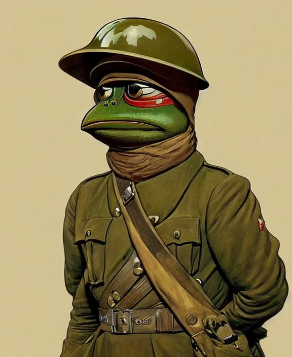Prompt: Pepe the Frog in WW1 military uniform, Safari khaki, pith helmet, Schutztruppe, German Empire, WW1, Tooth Wu Artgerm Greg Rutkowski Alphonse Mucha Beeple