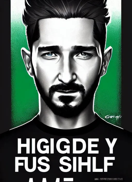 Image similar to highly detailed closeup portrait motivational poster of shia lebouf with large bold letter motivational words by greg rutkowski, by artgerm, gradient green, black and white color scheme, black border