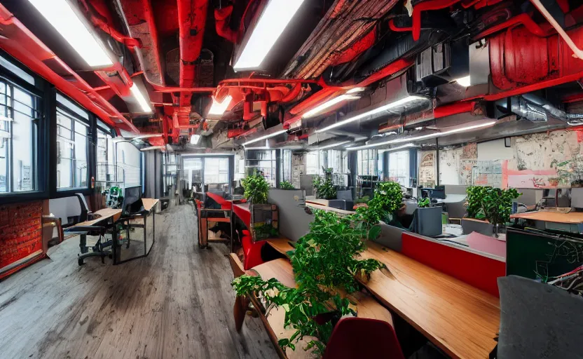 Image similar to maximalist interior of an office, pine wood, cyberpunk, japanese neon signs, retro futuristic, old brick walls, multiple desks, cupboards, rough wood, grey, anthracite, red, akihabara style, swedish style, green plants, window with a view of apartment blocks, 8K