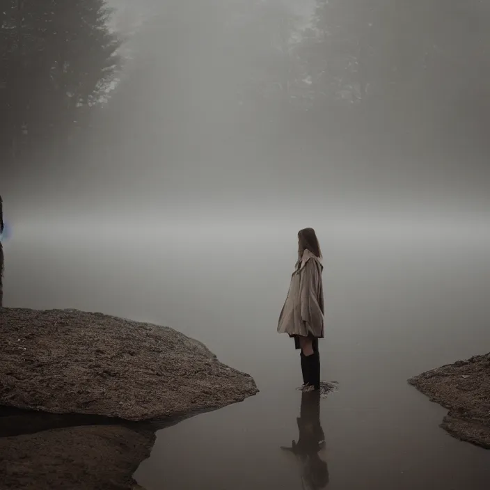 Prompt: a woman, standing in shallow endless water, foggy, backlit, wearing amazing clothes, backlit, photo by Marat Safin, Canon EOS R3, f/1.4, ISO 200, 1/160s, 8K, RAW, unedited, symmetrical balance, in-frame