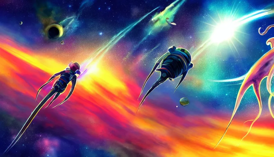 Image similar to incredible wide screenshot, ultrawide, simple watercolor, rough paper texture, anime movie scene, backlit distant shot of astronaut riding on a huge squid swimming through space, colorful background, planets, space dust, lens flare.