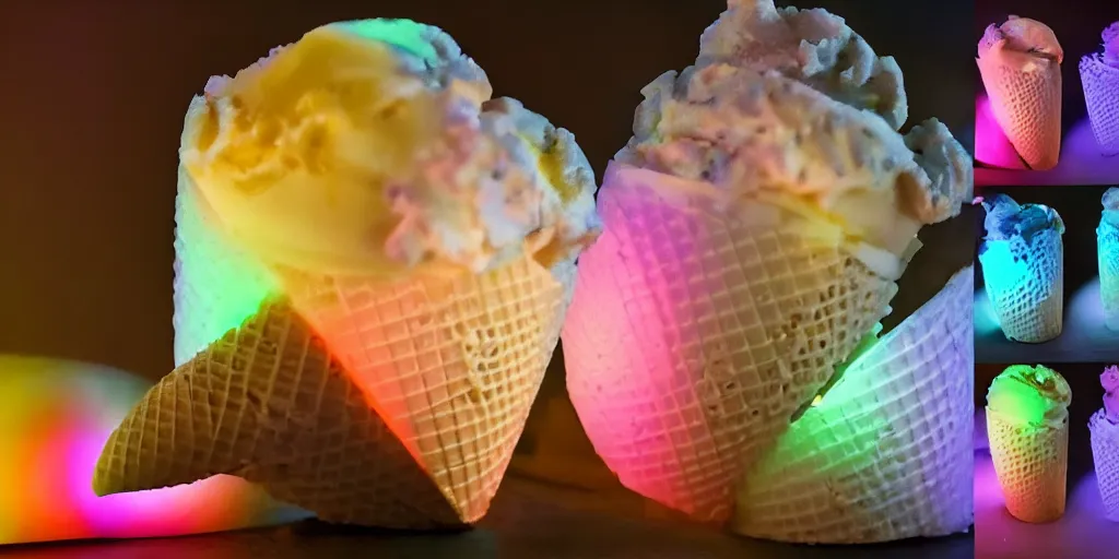 Prompt: ice cream cone with 3 scoops of ice cream and rgb lights embedded in the cone, cyberpunk, high quality, ue 5.