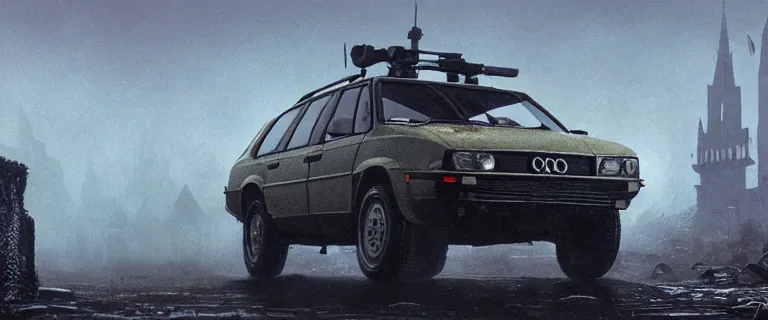 Prompt: Armored and Armed Military Audi 80 B3 Avant (1988) with a mounted M249, Dark Souls 3, Eldritch Horrors, Wretched and Corrupted Knights, a grim fantasy, Anor Londo, dramatic lighting, cinematic, establishing shot, extremely high detail, photorealistic, cinematic lighting, artstation, by simon stalenhag