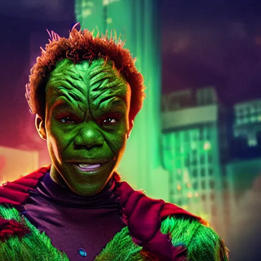 Prompt: donald glover as the green goblin, digital art, dramatic, lomo, field of view, f / 2 2, 3 d, angry, evil, posterization, by weta digital, 8 k concept art, detailed