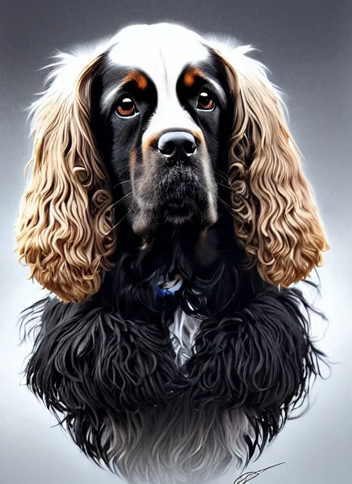 Prompt: symmetry!! portrait of a cocker spaniel, black fur with white chest, cute, dnd, intricate, elegant, highly detailed, digital painting, artstation, concept art, smooth, sharp focus, illustration, art by artgerm and greg rutkowski and alphonse mucha