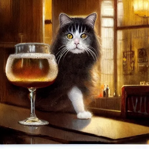 Image similar to of a british longhair cat sitting at the bar next to a beer, by greg rutkowski