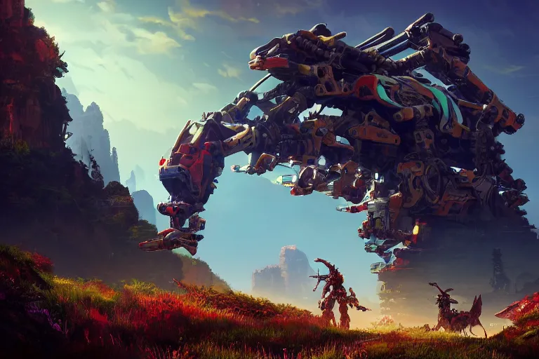 Image similar to scorcher machine mecanical creature robot of horizon forbidden west horizon zero dawn radiating a glowing aura global illumination ray tracing hdr fanart arstation by ian pesty and alena aenami artworks in 4 k