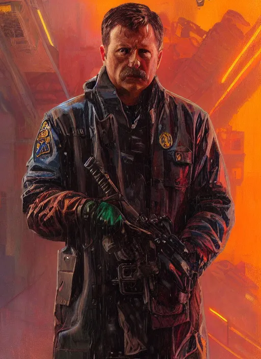 Image similar to Modern Teddy Roosevelt. Cyberpunk cop in tactical gear. plastic raincoat. blade runner 2049 concept painting. Epic painting by James Gurney, Azamat Khairov, and Alphonso Mucha. ArtstationHQ. painting with Vivid color. (rb6s, Cyberpunk 2077)