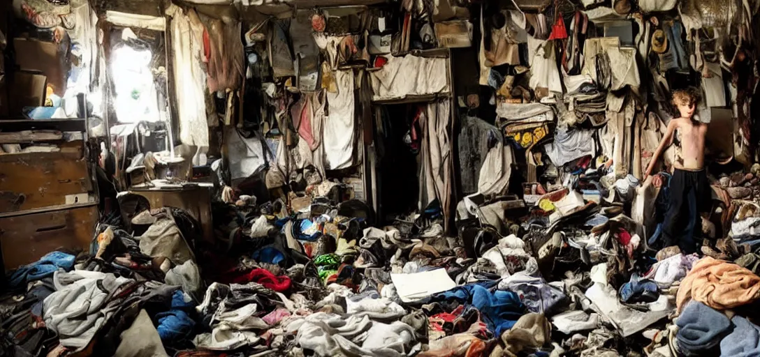 Prompt: a teenage boy at his back entering in a hoarder's room, dark atmosphere