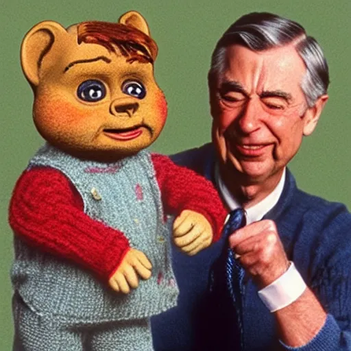 Image similar to photorealistic Mr. Rogers holding Chucky