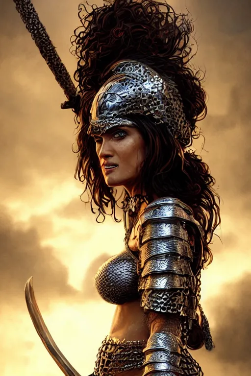 Prompt: portrait, Salma Hayek , barbarian , dressed in chain mail bikini armor, face portrait, raphael lacoste, eddie mendoza, alex ross, concept art, matte painting, highly detailed, rule of thirds, dynamic lighting, cinematic, detailed, denoised, centred