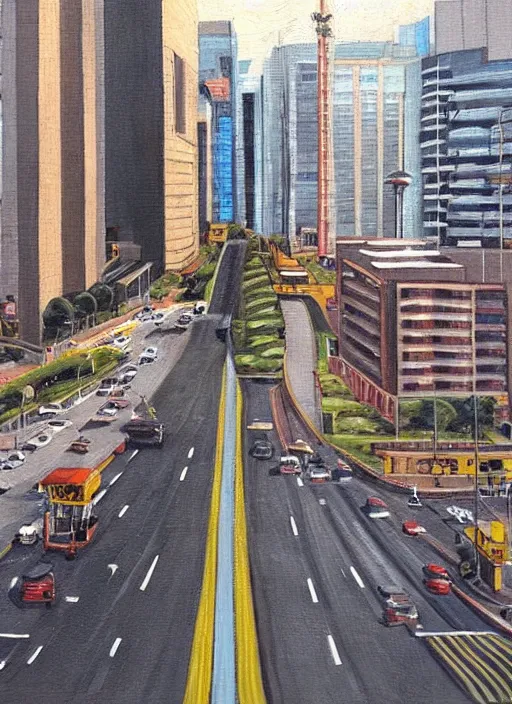 Prompt: avenida paulista in the xc century, very realistic beautiful painting, detailed, by gerardo dottori