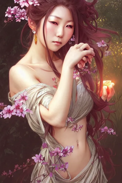 Image similar to Portrait of japanese gyaru, D&D, dark fantasy, sakura blooming on background, intricate, elegant, highly detailed, digital painting, artstation, concept art, smooth, sharp focus, illustration, art by artgerm and greg rutkowski and alphonse mucha