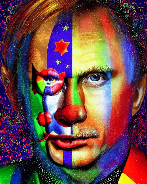 Image similar to a highly detailed portrait of Vladimir Putin as a colorful clown, gay pride flag background, intricate, digital painting, old english, particles floating, whimsical background by marc simonetti, John Singer Sargent style