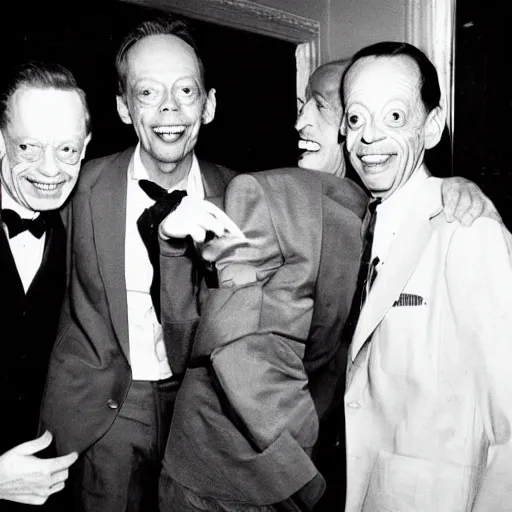 Image similar to polaroid group picture of steve buscemi, don knotts and pete davidson having a great time together