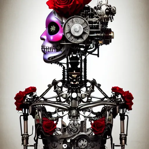 Prompt: a beautiful intricate fine art portrait photo of a a mechanical industrial steampunk cybernetic robot with sugar skull makeup, by tom bagshaw and zach sutton, roses surrounding the robot, perfection!, milk bath photography, studio lighting, 35mm lens, very detailed, bionic, cybernetic scifi, deep depth of field, artstation, 8K, highly coherent