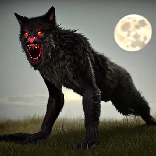 Image similar to young man transforming into a feral werewolf with a tail under the moon with black soft realistic fur, ultra detail, unreal engine, 8 k, ssao